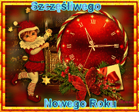 Kartka z elfem i zegarem Szczęśliwego Nowego Roku